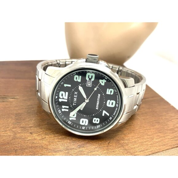 Timex Men's Watch Expedition Quartz Black Dial Date Silver Expansion Band 40mm - Picture 8 of 14